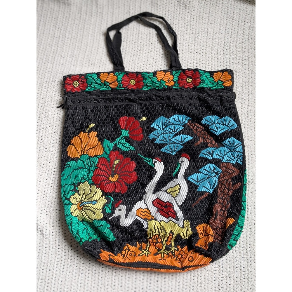 1960's Candy Dot drawstring purse tote, Crane and‎ flowers motifs